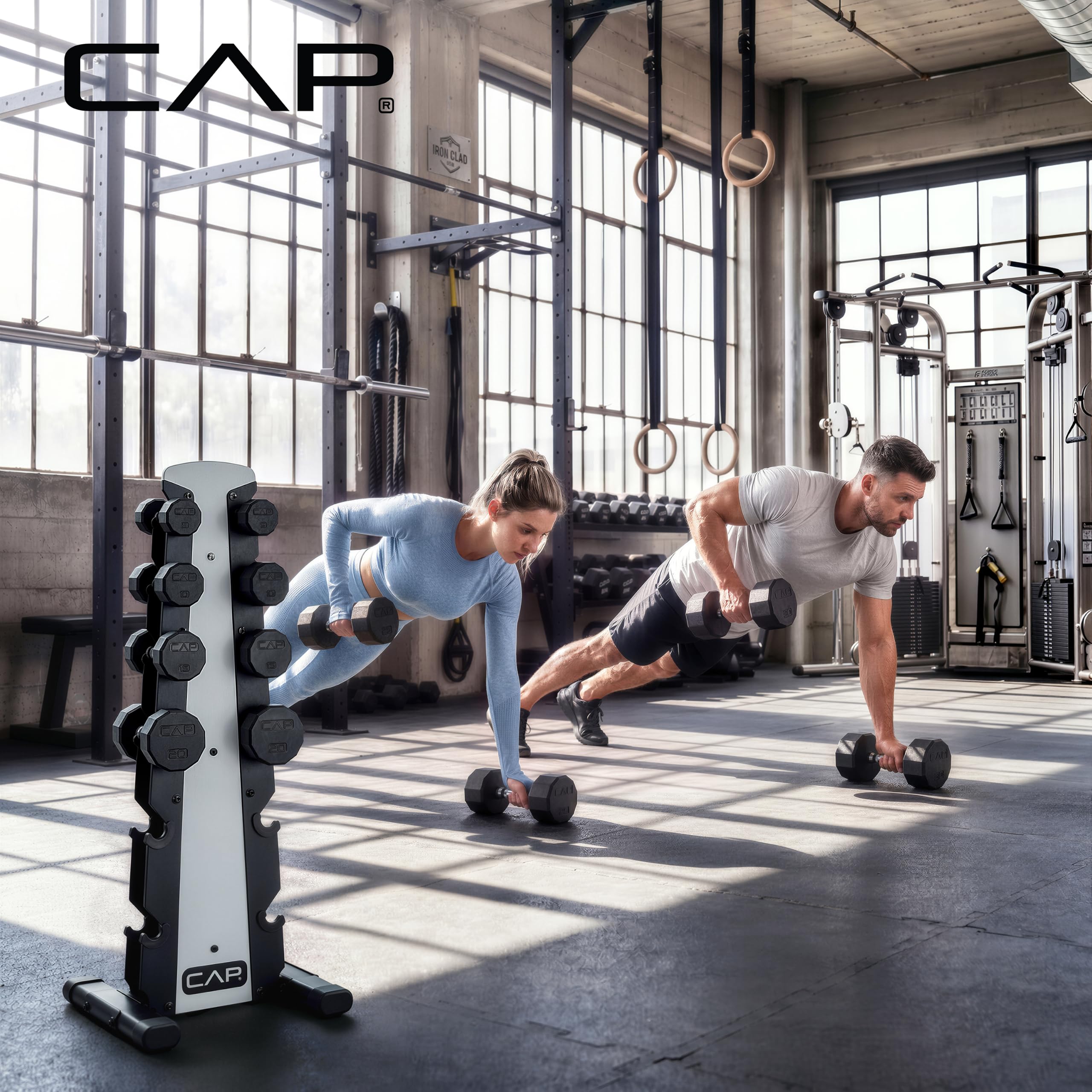 CAP Rubber Coated Hex Dumbbell Set with Storage Rack | 100–210 lb Options, Space-Saving Vertical Compact Storage for Home Gym Strength Training